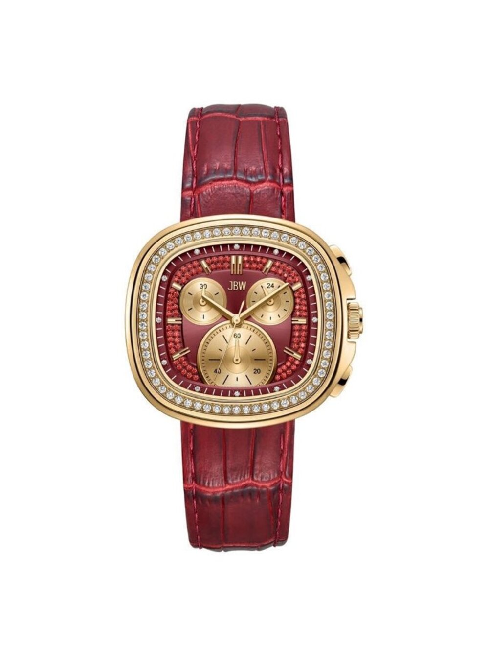 NWT JBW Coast Leather Chronograph GMT Quartz Diamond Red Dial Men's Watch